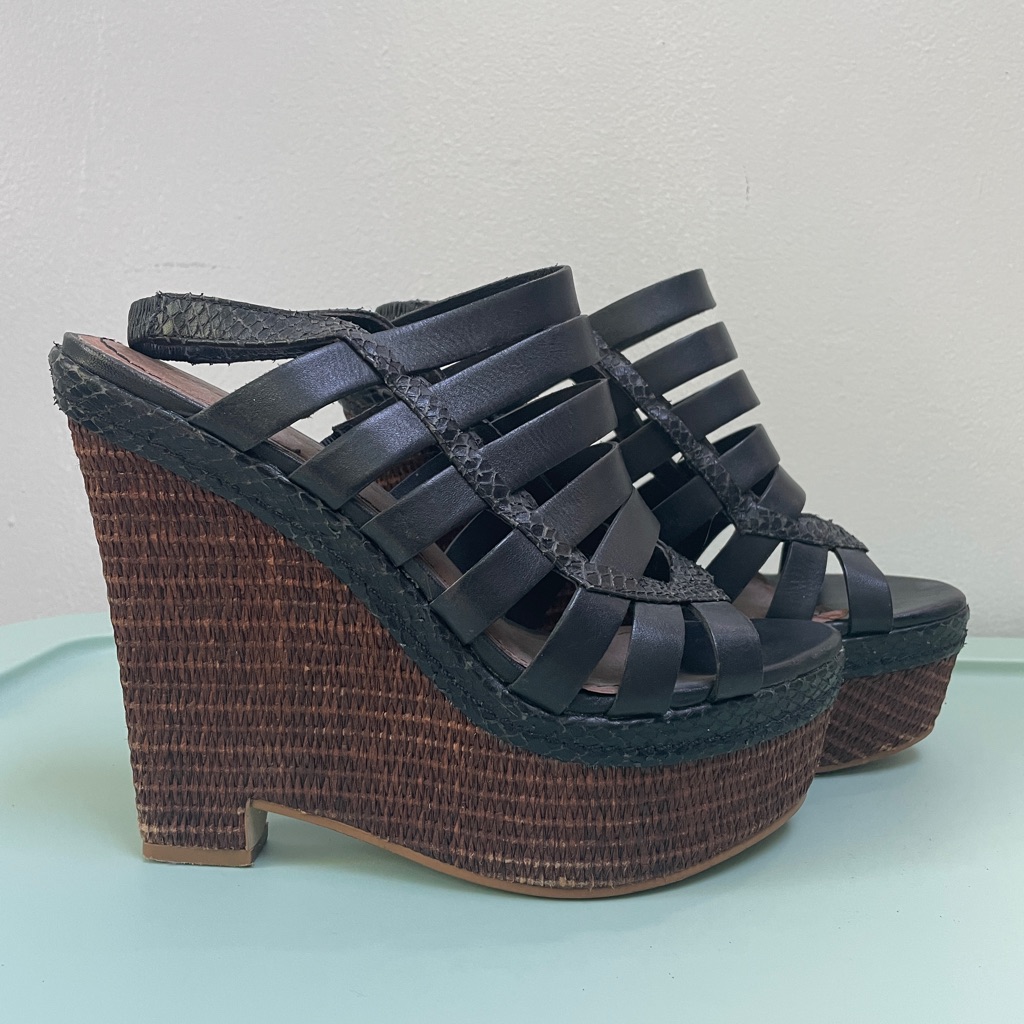 Elizabeth And James Silva Black And Brown Raffia Wedges- 5” Heel- Size 8.5